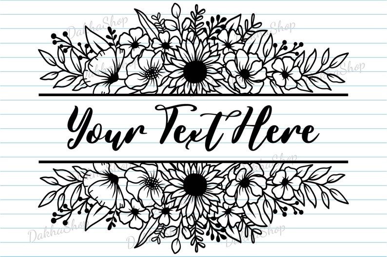 K&ouml;nnte beinhalten: Schwarzwei&szlig;es Blumenmuster mit einem Banner, auf dem "Your Text Here" steht. Das Design zeigt eine Vielzahl von Blumen, darunter Sonnenblumen, G&auml;nsebl&uuml;mchen und andere kleine Blumen.