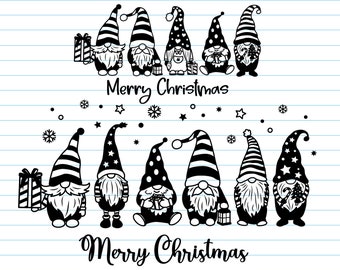 May include: Black and white illustration of eight gnomes holding gifts and wearing striped and patterned hats. The gnomes are arranged in two rows of four. The text "Merry Christmas" appears twice in the image.