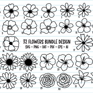 K&ouml;nnte beinhalten: Ein Set mit 32 Schwarzwei&szlig;-Blumenillustrationen. Die Blumen sind in einem einfachen, gekritzelten Stil gezeichnet und umfassen eine Vielzahl von Formen und Gr&ouml;&szlig;en. Die Illustrationen sind perfekt f&uuml;r die Verwendung in der Handwerkskunst, im Scrapbooking oder im digitalen Design.