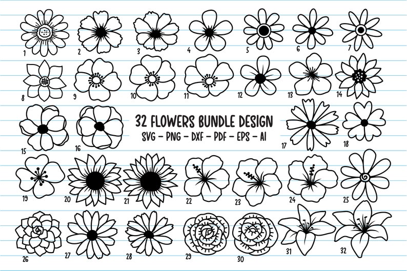 K&ouml;nnte beinhalten: Ein Set mit 32 Schwarzwei&szlig;-Blumenillustrationen. Die Blumen sind in einem einfachen, gekritzelten Stil gezeichnet und umfassen eine Vielzahl von Formen und Gr&ouml;&szlig;en. Die Illustrationen sind perfekt f&uuml;r die Verwendung in der Handwerkskunst, im Scrapbooking oder im digitalen Design.