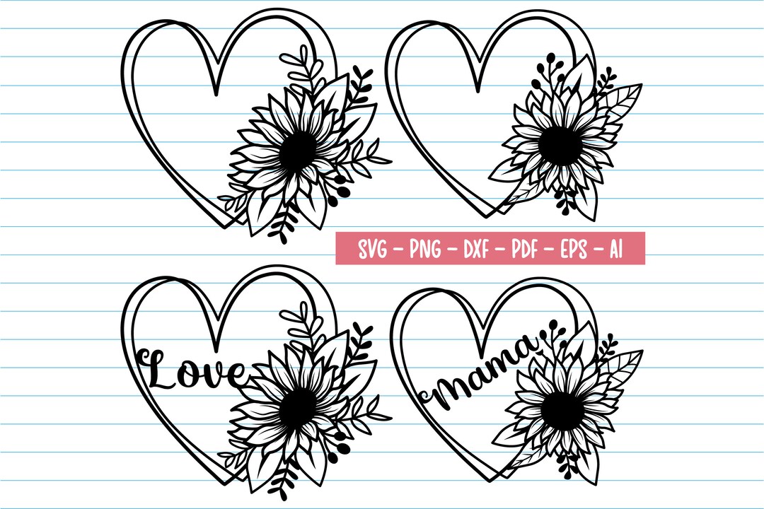 Flower Svg Bundle, Flower Heart Svg, Sunflower Heart Svg, Mama Flower