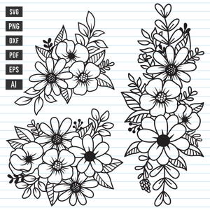 Archivos Svg de flores, paquete Svg de flores, borde de flores Svg, archivos de corte Svg de flores, ramo floral Svg, archivos Svg para Cricut y Silhouette.