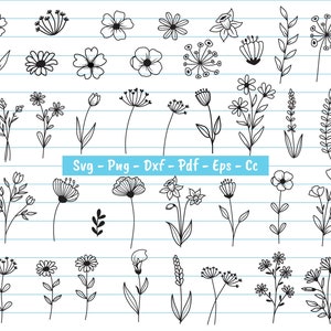 May include: A collection of 40 hand-drawn black and white flower illustrations. The flowers are drawn in a simple, doodle style and include a variety of different types, such as daisies, roses, and wildflowers.