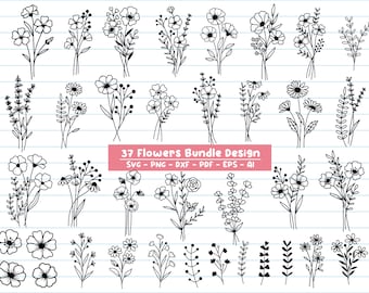 May include: A set of 37 black and white flower illustrations. The flowers are drawn in a simple, hand-drawn style. The illustrations are perfect for use in crafting, scrapbooking, or digital design.