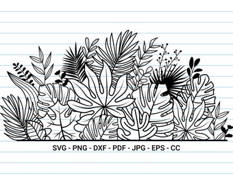 Foglie tropicali in formato Svg, bordo tropicale in formato Svg, monogramma di foglie e fiori in formato Svg, foglia in formato Svg, modello di taglio della carta, stampa digitale, Svg, Dxf, Png.