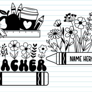 Peut inclure: Graphique noir et blanc sur le th&egrave;me de l'enseignant avec un crayon, une pomme, une tasse de caf&eacute; et des crayons. Le motif comprend des fleurs et un crayon avec le texte "NAME HERE" et "TEACHER". Le fond est du papier lign&eacute;.