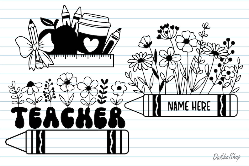 Peut inclure: Graphique noir et blanc sur le th&egrave;me de l'enseignant avec un crayon, une pomme, une tasse de caf&eacute; et des crayons. Le motif comprend des fleurs et un crayon avec le texte "NAME HERE" et "TEACHER". Le fond est du papier lign&eacute;.