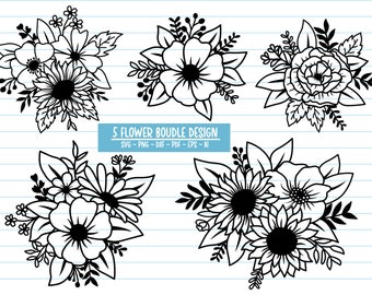 Può includere: Cinque disegni di bouquet di fiori in bianco e nero. Ogni bouquet presenta una varietà di fiori, tra cui margherite, rose e altri elementi floreali. I bouquet sono disposti in forma circolare e sono perfetti per progetti di artigianato, scrapbooking o design digitale.