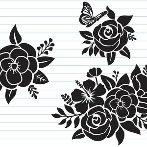 Pode incluir: Tr&ecirc;s buqu&ecirc;s de flores preto e branco com uma borboleta no buqu&ecirc; superior direito. Os buqu&ecirc;s s&atilde;o compostos por rosas, hibiscos e outras flores.