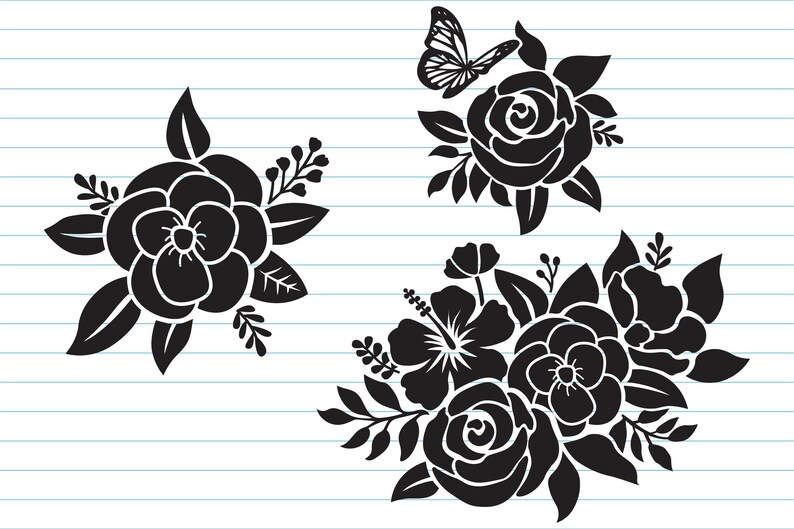 Pode incluir: Tr&ecirc;s buqu&ecirc;s de flores preto e branco com uma borboleta no buqu&ecirc; superior direito. Os buqu&ecirc;s s&atilde;o compostos por rosas, hibiscos e outras flores.