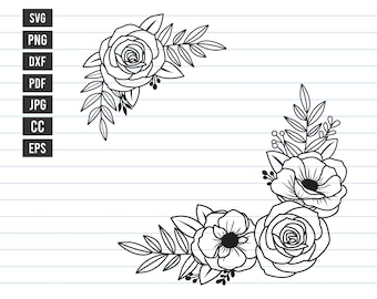 May include: Black and white line art illustration of a floral wreath with roses and other flowers. The wreath is in the shape of a half circle and is perfect for use in wedding invitations, greeting cards, or other decorative projects.