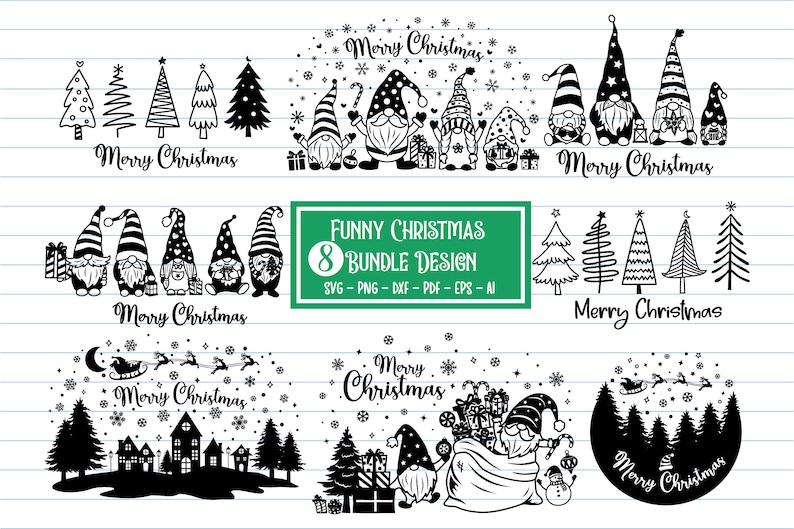 May include: A set of eight black and white Christmas-themed illustrations featuring gnomes, Christmas trees, and the text "Merry Christmas".