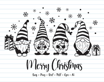 May include: Four black and white gnomes with striped hats holding gifts and a Christmas tree. The gnomes are standing in front of a blue and white lined background with snowflakes. The text "Merry Christmas" is written below the gnomes. The text "Svg - Png - Dxf - Pdf - Eps - Ai" is written below the text "Merry Christmas".