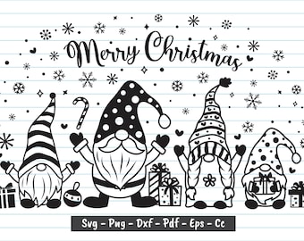 Könnte beinhalten: Schwarz-weiß-Illustration von vier Gnomen mit roten Mützen und weißen Bärten. Die Gnome halten Geschenke und Zuckerstangen. Der Text "Merry Christmas" steht über den Gnomen.