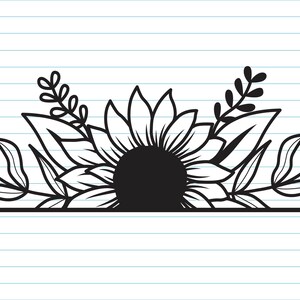 May include: Black and white illustration of a sunflower with leaves and stems. The sunflower is in the center of the image and is surrounded by leaves and stems.