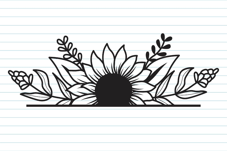 May include: Black and white illustration of a sunflower with leaves and stems. The sunflower is in the center of the image and is surrounded by leaves and stems.