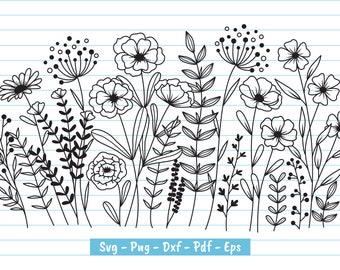 Wildflower Svg-bestanden, Wildflower Blooms Svg, bloem Svg, bloemenwei Svg, botanische Svg, Wildflower Clipart, bloemenrand Svg, Png, Dxf.