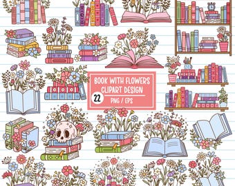 Op de afbeelding: Een set van 22 kleurrijke clipart-illustraties met boeken met bloemen. De illustraties omvatten stapels boeken, open boeken en boekenkasten met bloemen die eruit groeien. De tekst "Book with Flowers Clipart Design" en "22 PNG / EPS" is in de afbeelding opgenomen.