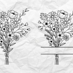 May include: Black and white line art of two bouquets of flowers. The bouquets feature various flower types, including daisies and poppies, with detailed stems and leaves. One bouquet has a space for text.
