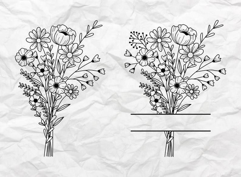 May include: Black and white line art of two bouquets of flowers. The bouquets feature various flower types, including daisies and poppies, with detailed stems and leaves. One bouquet has a space for text.