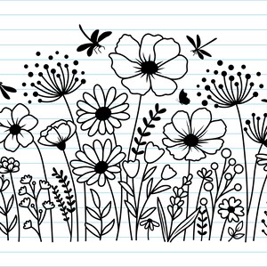 K&ouml;nnte beinhalten: Schwarz-wei&szlig;-Zeichnung eines Gartens mit verschiedenen Blumen, darunter G&auml;nsebl&uuml;mchen, L&ouml;wenzahn und andere Wildblumen. Es sind auch Libellen und Schmetterlinge in der Zeichnung.