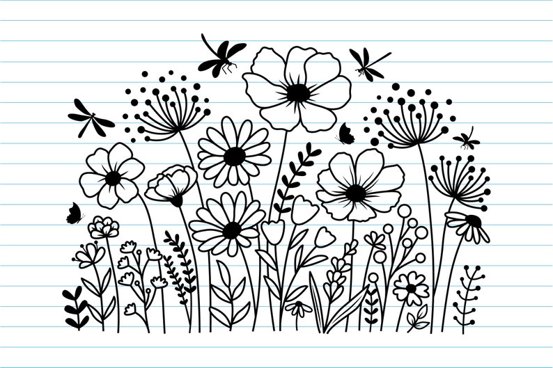 K&ouml;nnte beinhalten: Schwarz-wei&szlig;-Zeichnung eines Gartens mit verschiedenen Blumen, darunter G&auml;nsebl&uuml;mchen, L&ouml;wenzahn und andere Wildblumen. Es sind auch Libellen und Schmetterlinge in der Zeichnung.
