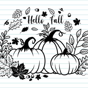 May include: Black and white illustration of three pumpkins with leaves and the text "Hello Fall" on a white background with blue lines.