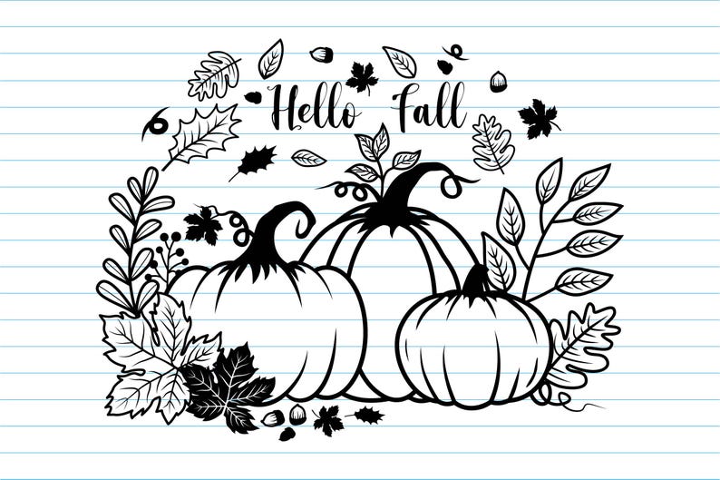 May include: Black and white illustration of three pumpkins with leaves and the text "Hello Fall" on a white background with blue lines.