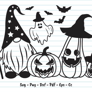 May include: Black and white illustration of a Halloween gnome with a pointed hat, a broom, and a pumpkin. There are also three pumpkins with jack-o'-lantern faces and a ghost.
