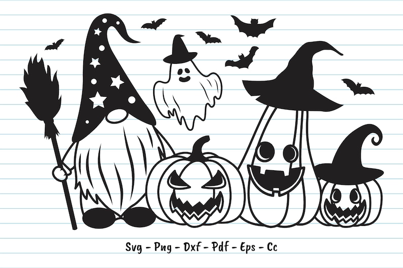 May include: Black and white illustration of a Halloween gnome with a pointed hat, a broom, and a pumpkin. There are also three pumpkins with jack-o'-lantern faces and a ghost.