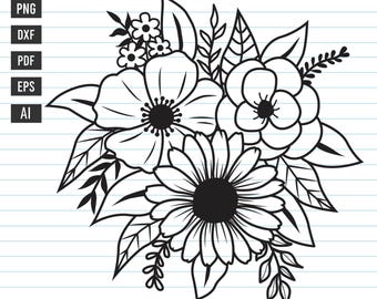 Flor Svg, Ramo de flores Svg, Boda floral dibujada a mano, Decoración de flores Svg, Archivo de corte Svg de flores, Archivos Svg de flores para Cricut, Svg, Png.
