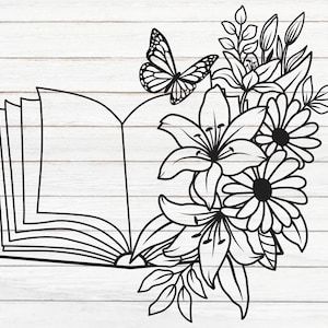May include: A black and white line drawing of an open book with flowers and a butterfly. The book is open and the pages are blank. The flowers are lilies and daisies. The butterfly is perched on the top of the book.