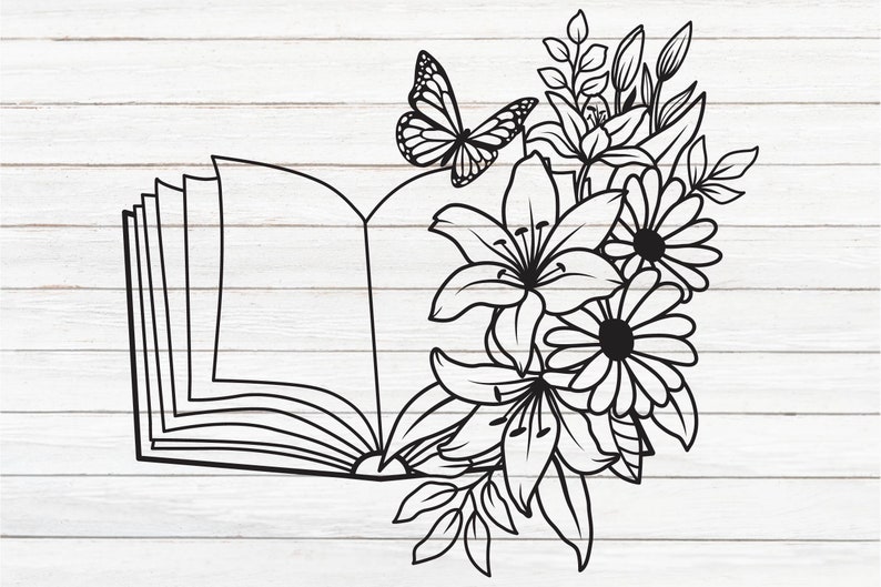 May include: A black and white line drawing of an open book with flowers and a butterfly. The book is open and the pages are blank. The flowers are lilies and daisies. The butterfly is perched on the top of the book.