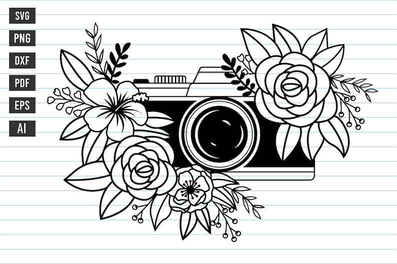K&ouml;nnte beinhalten: Schwarz-wei&szlig;-Linienkunst-Illustration einer Vintage-Kamera mit floralem Design. Die Kamera ist von Blumen umgeben, darunter Rosen, Hibiskus und andere florale Elemente.