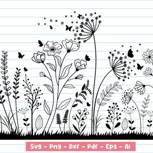 Flor selvagem Svg, Decoração de flores svg, Flor svg, Arquivo de corte de flores, Modelo de corte de papel, Arquivo Cricut, Download digital, Svg, Png, Dxf, Eps.