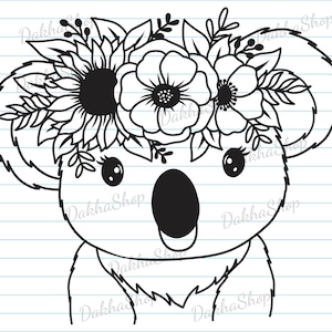 Koala With Flower Crown Svg, Koala Svg File, Koala Flower Svg, Animal Flower Svg, Flower Svg, Baby Koala Svg, Animal Face, Cute Animal.