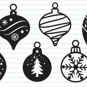 May include: Six black and white Christmas ornament illustrations with various designs, including snowflakes, stars, a tree, and a crescent moon.