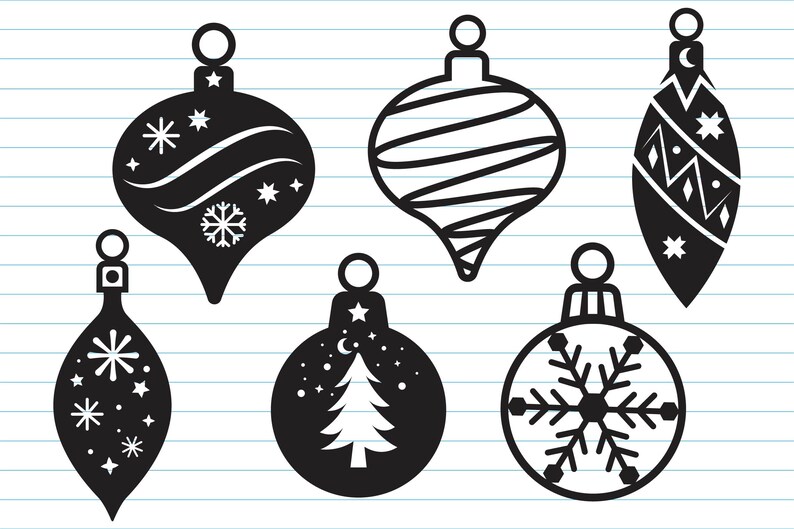 May include: Six black and white Christmas ornament illustrations with various designs, including snowflakes, stars, a tree, and a crescent moon.