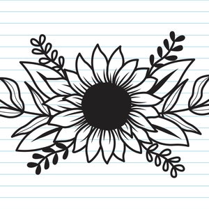 May include: A black and white line drawing of a sunflower with leaves. The sunflower is in the center of the image and the leaves are around it.