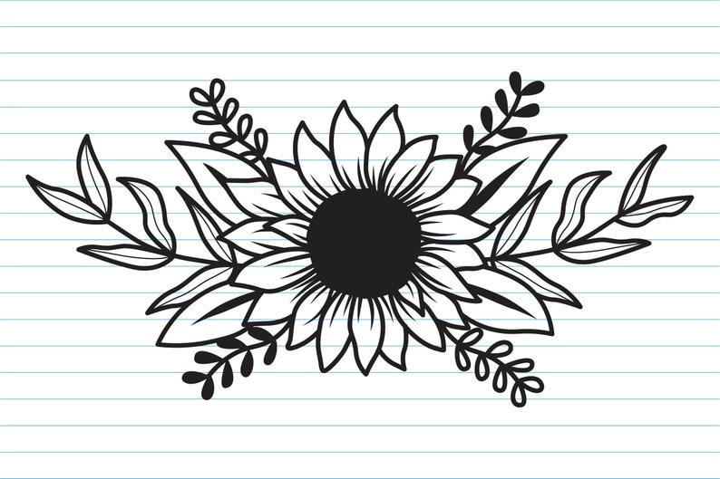 May include: A black and white line drawing of a sunflower with leaves. The sunflower is in the center of the image and the leaves are around it.