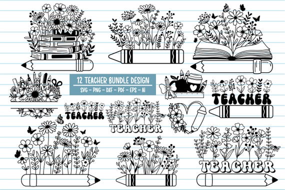 Floral Teacher SVG Bundle: Back to School Designs (Digital Download)