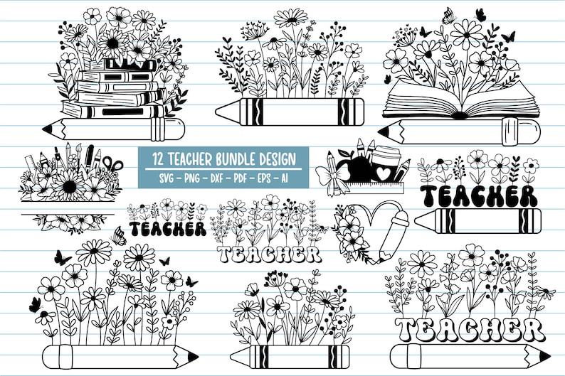 Peut inclure: Ensemble de 12 motifs sur le th&egrave;me des enseignants en noir et blanc. Les motifs comprennent des illustrations de livres, de crayons, de fleurs et le mot "Teacher". Disponibles en formats SVG, PNG, DXF, PDF, EPS et AI.