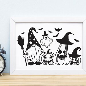 May include: Black and white illustration of a gnome wearing a pointed hat with stars, holding a broom, standing next to a ghost and three pumpkins with witch hats. The pumpkins have scary faces.