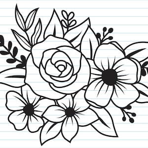 May include: A black and white line drawing of a bouquet of flowers. The bouquet includes a large rose, smaller flowers, and leaves.