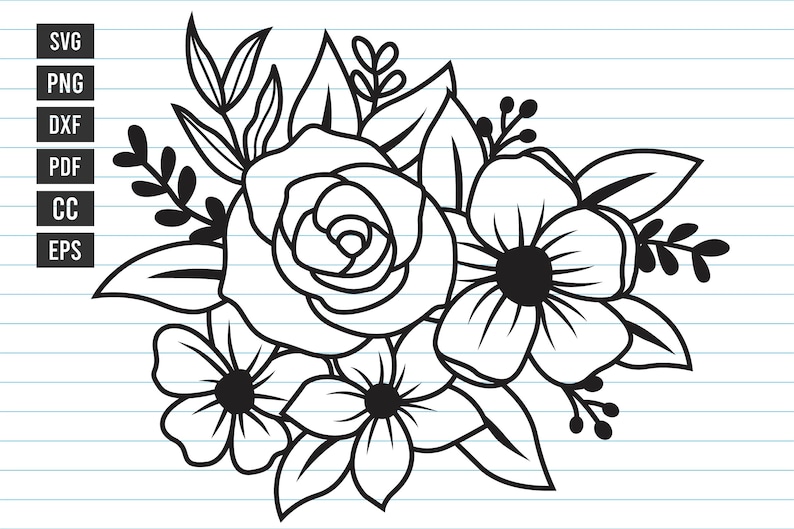 May include: A black and white line drawing of a bouquet of flowers. The bouquet includes a large rose, smaller flowers, and leaves.