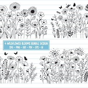 4 Flower Svg Bundle, Wildflower Svg, Flower Meadow Svg, Wildflower Bloom Svg, Flower Svg For Shirt, Flower Clipart, Botanical Svg, Svg, Png.