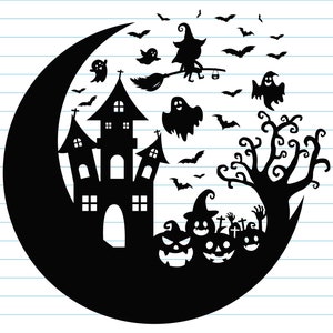 May include: Black and white silhouette of a haunted house, a crescent moon, a witch flying on a broomstick, bats, ghosts, and jack-o'-lanterns.