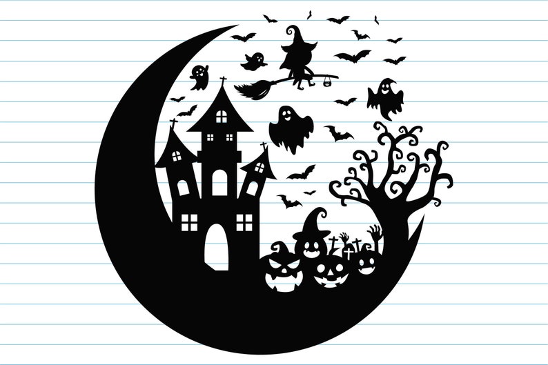 May include: Black and white silhouette of a haunted house, a crescent moon, a witch flying on a broomstick, bats, ghosts, and jack-o'-lanterns.