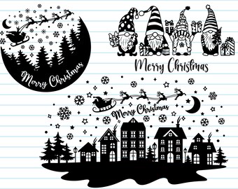 Pueblo navideño SVG: diseños de gnomos, Papá Noel y árboles (descarga digital)