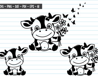 Baby Cow Svg, Cow With flower And Butterfly, Cow Svg, Cow flower svg, Cow Clipart, Cow Cut Files, Cow Svg Files For Cricut, Svg,  Png.